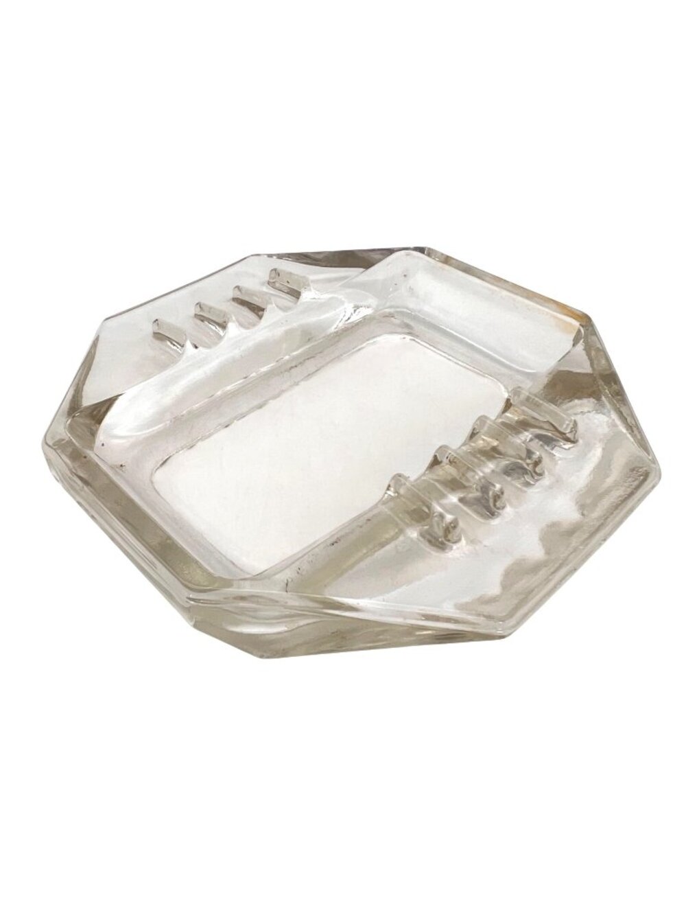 Vintage Clear Glass Octagonal Ashtray With Ribbed Sides And Rectangular Basin